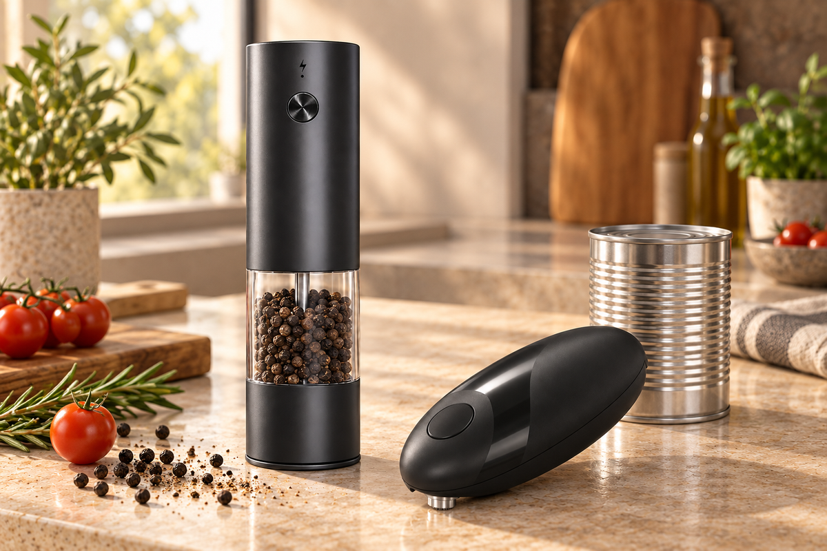 Black electric spice grinder and compact electric can opener on a kitchen counter