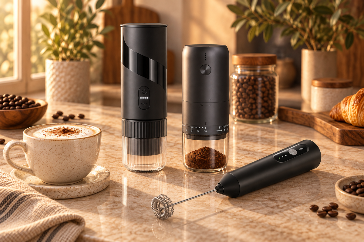 Portable espresso machine, electric coffee grinder and milk frother in a warm home coffee station