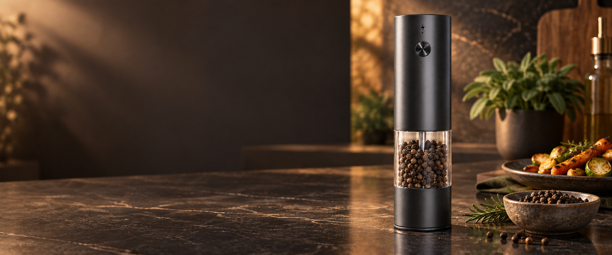 Single black EG-A electric spice grinder with clear pepper chamber